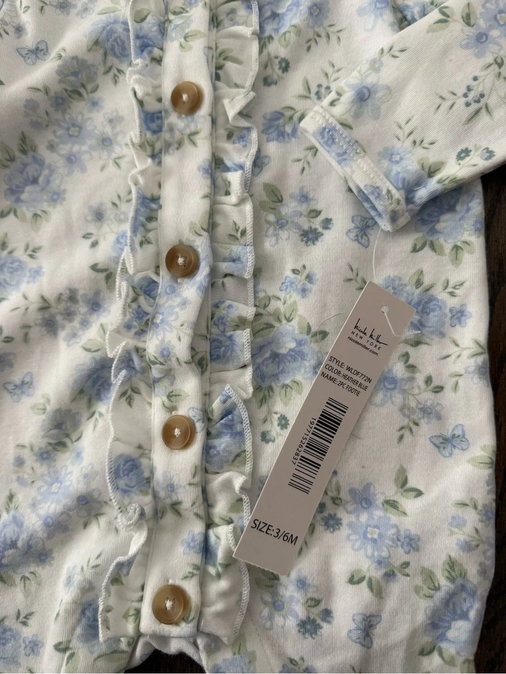 Nicole Miller Pale Blue Floral Ruffle-Front Footed One-Piece